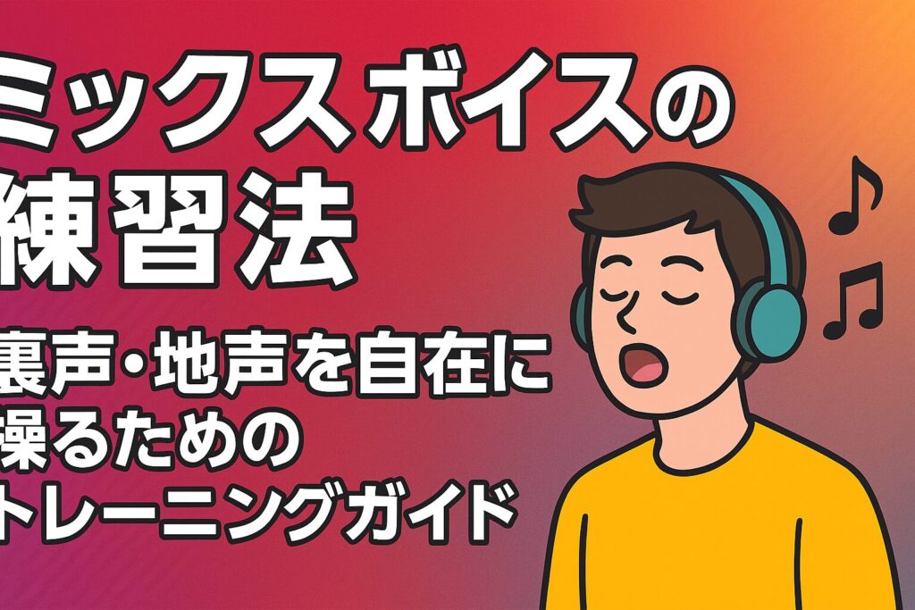 ミックスボイスの練習法をテーマにしたイラスト。ヘッドホンを着けた男性が歌う様子と、裏声・地声を自在に操るためのガイドを表現したタイトル画像。