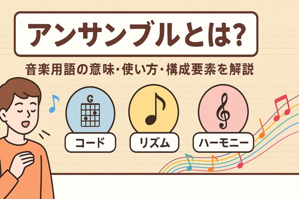 アンサンブルの意味を解説するアイキャッチ画像。コード・リズム・ハーモニーなど音楽の要素を示すイラスト付き。