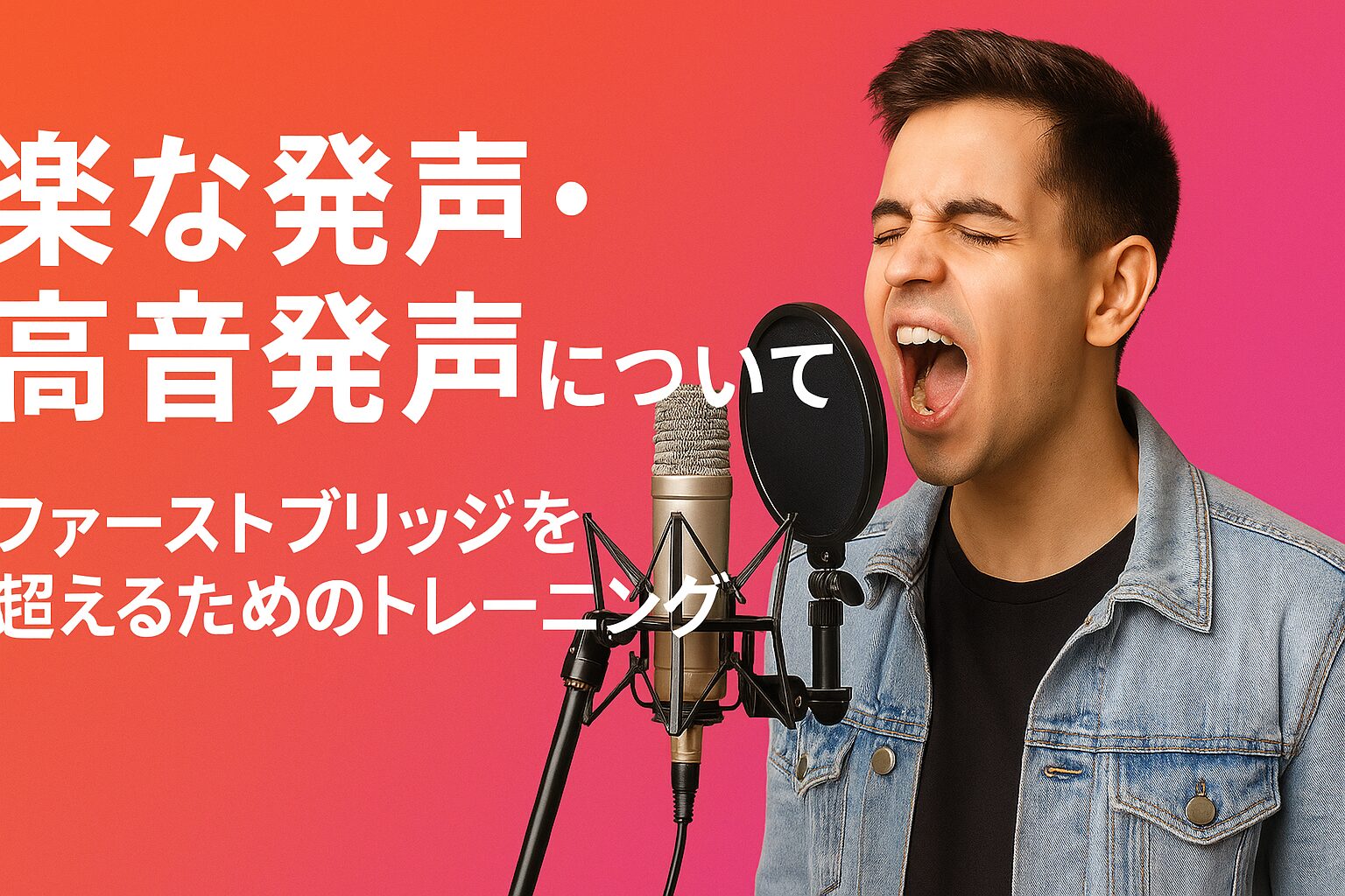 高音発声トレーニング中の男性シンガーと「楽な発声・高音発声について」のタイトル画像